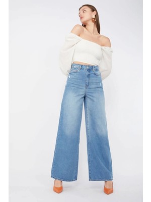 Banny Jeans Kadın Mavi Bol Paça Uzun Jean Pantolon