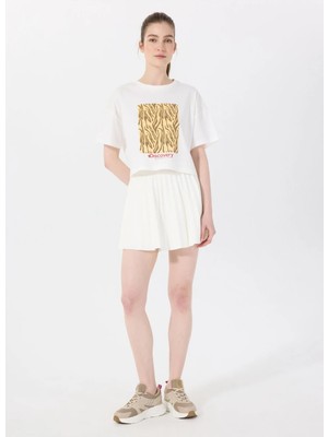 Discovery Expedition D5SL-TST3641 Kırık Beyaz Bisiklet Yaka Crop Baskılı Kadın T-Shirt