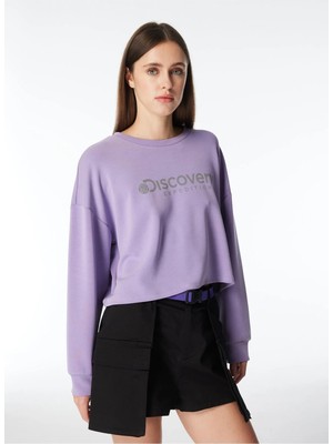 Discovery Expedition D4SL-SWT3030 Lila Bisiklet Yaka Oversize Baskılı Kadın Sweatshırt