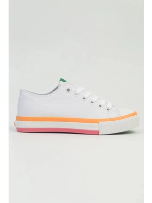 Benetton BNI-10031 Ithal Beyaz Turuncu Kadın Keten Sneaker Spor Ayakkabı V1