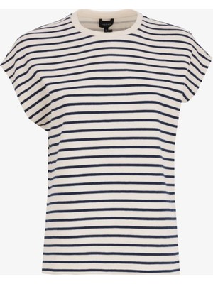 Fabrika Bisiklet Yaka Çizgili Ekru - Lacivert Kadın T-Shirt F5SL-TST0189