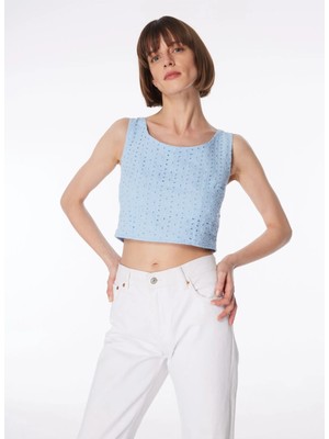 Fabrika Kare Yaka Güpür Mavi Kadın Bluz F4SL-BLZ0817