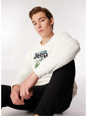 Jeep Bisiklet Yaka Baskılı Ekru Erkek Sweatshırt J4WM-SWT7249