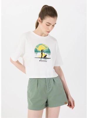 Discovery Expedition D5SL-TST3643 Kırık Beyaz Bisiklet Yaka Crop Baskılı Kadın T-Shirt