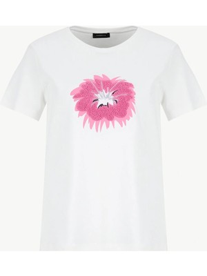 Fabrika Bisiklet Yaka Nakışlı Kırık Beyaz Kadın T-Shirt F6SL-TST0351