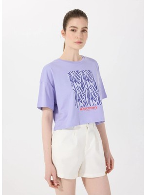 Discovery Expedition D5SL-TST3641 Lila Bisiklet Yaka Crop Baskılı Kadın T-Shirt