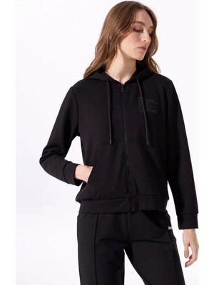 Jeep Siyah Kadın Kapüşonlu Relaxed Baskılı Sweatmont J4SL-SWT7019