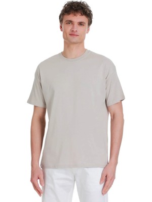 Hatemoğlu Ekru Regular Fit 100% Pamuk Bisiklet Yaka Oversize Tişört