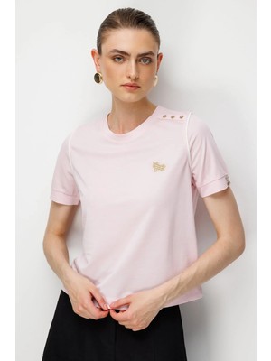ON Kadın Omzu Düğmeli Işleme Detaylı Bluz 71536 Pembe