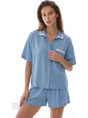 Penti Mavi Serenity Kısa Kollu Gömlek Şort Pijama Takımı Günlük Rahat Stil için Tasarlanmış