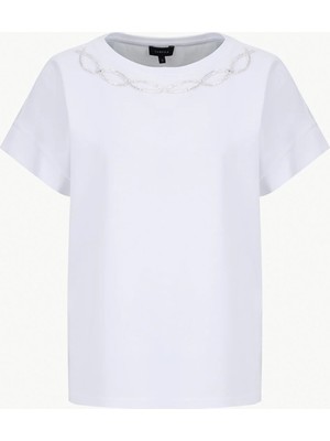 Fabrika Bisiklet Yaka Payetli Kırık Beyaz Kadın T-Shirt F6SL-TST0279