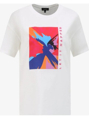 Fabrika Bisiklet Yaka Baskılı Kırık Beyaz Kadın T-Shirt F4SL-TST0633