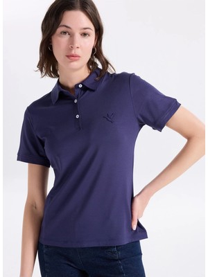 Fabrika Düz Lacivert Kadın Polo T-Shirt