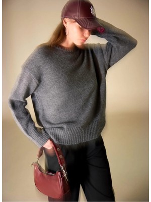 People By Fabrika Bisiklet Yaka Oversize Düz Gri Melanj Kazak Kadın PBF5WL-KZK9530