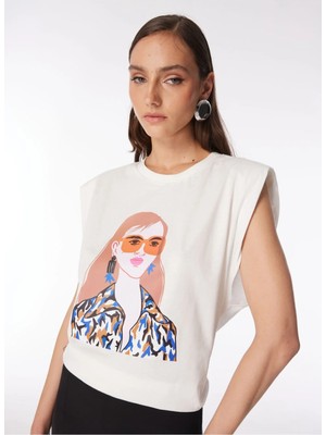 Fabrika Bisiklet Yaka Baskılı Kırık Beyaz Kadın T-Shirt F4SL-TST0223