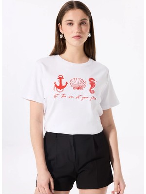 Fabrika Bisiklet Yaka Nakışlı Kırık Beyaz Kadın T-Shirt F5SL-TST0253
