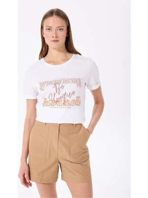 Fabrika Bisiklet Yaka Baskılı Kırık Beyaz Kadın T-Shirt F5SL-TST0176
