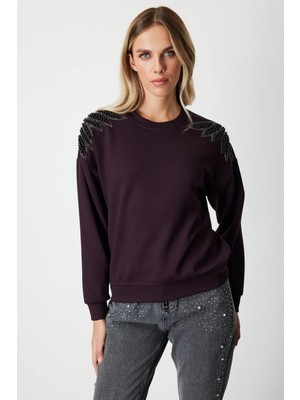 ON Kadın Omuzları Incili Sweat 66338 Bordo