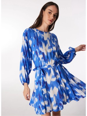 Fabrika Bisiklet Yaka Batik Lacivert - Beyaz Mini Kadın Elbise F4SL-ELB0448