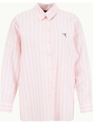 Fabrika Loose Fit Gömlek Yaka Çizgili Pembe - Beyaz Kadın Gömlek F6SL-GML0148