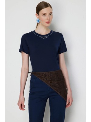 ON Kadın Yakası Taşlı Pamuklu T-Shirt 71345 Lacivert