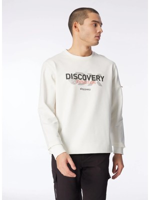 Discovery Expedition DS4M-SWT3238 Beyaz Bisiklet Yaka Relaxed Baskılı Erkek Sweatshırt