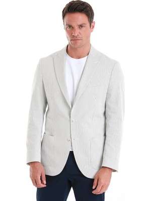 Hatemoğlu Beyaz  Slim Fit Çizgili Sivri Yaka Casual Ceket