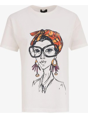 Fabrika Bisiklet Yaka Baskılı Kırık Beyaz Kadın T-Shirt F5SL-TST0282