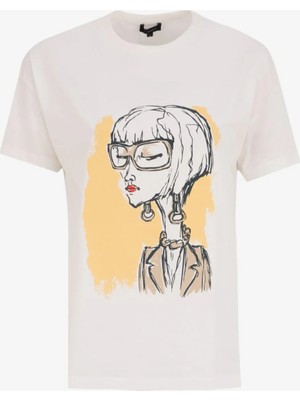 Fabrika Bisiklet Yaka Baskılı Kırık Beyaz Kadın T-Shirt F5SL-TST0281