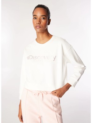 Discovery Expedition D4WL-SWT3010 Kırık Beyaz Bisiklet Yaka Crop Baskılı Kadın Sweatshırt