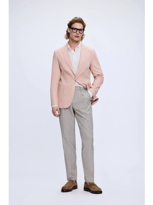 Hatemoğlu Kahverengi Slim Fit Düz Sivri Yaka Casual Keten Ceket