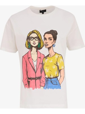 Fabrika Bisiklet Yaka Düz Kırık Beyaz Kadın T-Shirt F5SL-TST0285