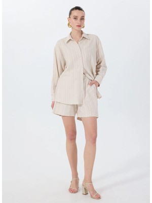 Fabrika Loose Fit Gömlek Yaka Çizgili Bej Kadın Gömlek F5SL-GML0026