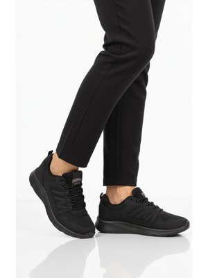 Walkway Siyah Fileli Hafif Bağcıklı Unisex Spor Ayakkabı 2029 G