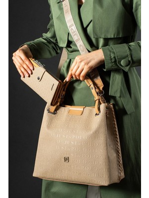 Just Polo Örgü Detaylı 4 Bölmeli Kadın El & Omuz Çantası ve Cüzdan Kombini 30X27CM PBU4031