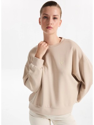 Fabrika Bisiklet Yaka Baskılı Bej Kadın Sweatshırt F5WL-SWT0385