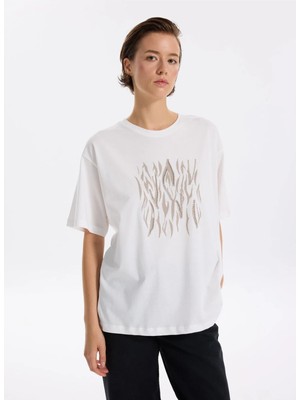 Fabrika Bisiklet Yaka Taşlı Beyaz Kadın T-Shirt F5WL-TST0338