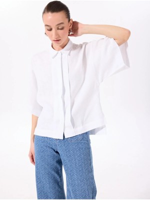 Fabrika Beyaz Kadın Loose Fit %100 Keten Gömlek F5SL-GML0063