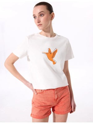 Fabrika Bisiklet Yaka Baskılı Kırık Beyaz Kadın T-Shirt F5SL-TST0390