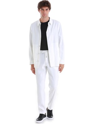 Hatemoğlu Beyaz Barron Regular Fit Düz Mono Yaka Keten Overshirt Spor Takım