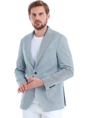 Hatemoğlu Mavi Comfort Fit Çizgili Mono Yaka Klasik Ceket