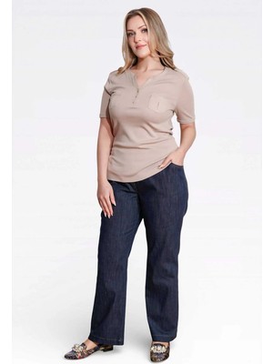Tolga Saraçoglu Kadın Beli Lastikli Rahat Kesim Boru Paça Denim Pantolon 30148 Lacivert