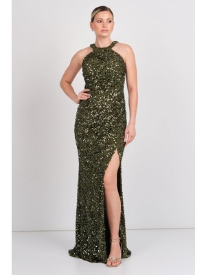 Renk Kadın Halter Yaka Full Payetli Maxi Abiye Elbise 5284 Haki