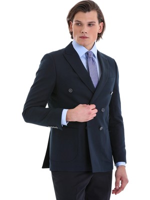 Hatemoğlu Lacivert Slim Fit Düz Sivri Yaka Kruvaze Klasik Ceket