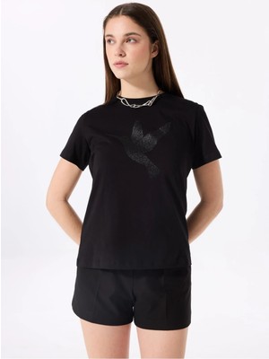 Fabrika Bisiklet Yaka Baskılı Siyah Kadın T-Shirt F5SL-TST0379