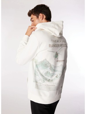 Discovery Expedition Kırık Beyaz Erkek Kapüşon Relaxed Baskılı Sweatshirt D4WM-SWT3207