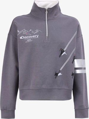 Discovery Expedition D4WL-SWT3002 Füme Dik Yaka Crop Baskılı Kadın Sweatshırt