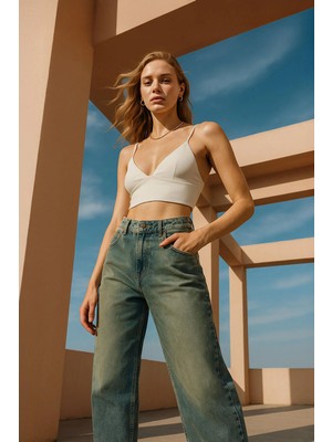 Banny Jeans Kadın Yüksek Bel Skater Fit Jean Pantolon Tint Yeşil