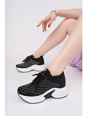 Mcdark 5007 Gizli Topuk Taşlı Yüksek Taban Triko Sneaker Ayakkabı
