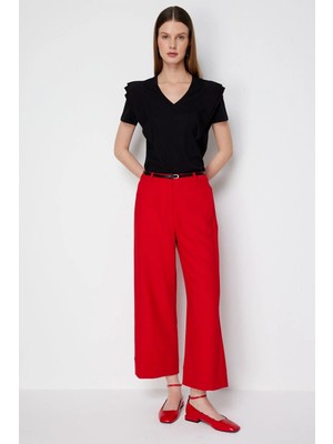 Ekol Kadın Beli Kemerli Kısa Bol Paça Pantolon 4012 Kırmızı
